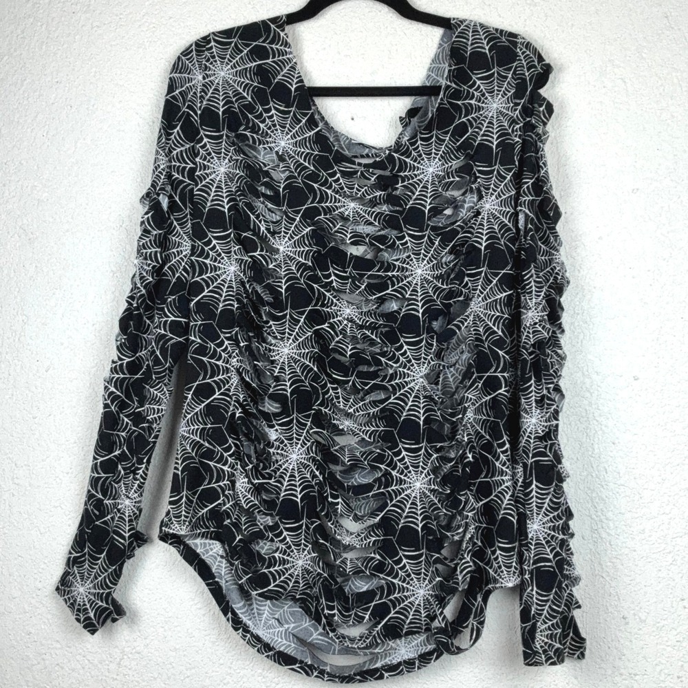 No Boundaries Black Spiderweb Shredded Top - XXL- Gothic Grunge Spooky Halloween